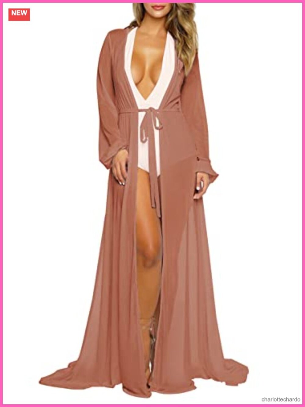 Long Sleeve Flowy Maxi Swimsuit Cover Up Tie Front Robe with Puff Sleeves